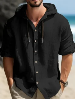 OUKU Men's Shirt Linen Shirt Calico Shirt Hooded Shirt Plain Casual Daily Black White Blue Green Long Sleeve Hooded Spring & Summer Clothing Apparel Buttons