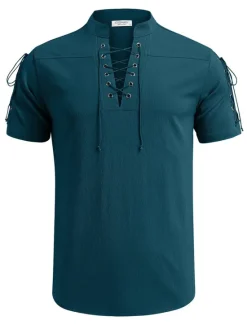 Outlet OUKU Men's Shirt Linen Shirt Casual Shirt Beach Shirt Plain Vacation Hawaiian Black White Blue Brown Short Sleeve Stand Collar Spring & Summer Clothing Apparel Basic