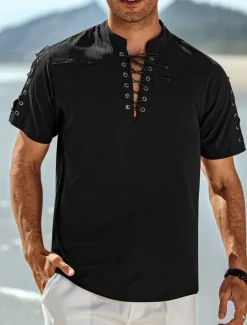 Outlet OUKU Men's Shirt Linen Shirt Casual Shirt Beach Shirt Plain Vacation Hawaiian Black White Blue Brown Short Sleeve Stand Collar Spring & Summer Clothing Apparel Basic