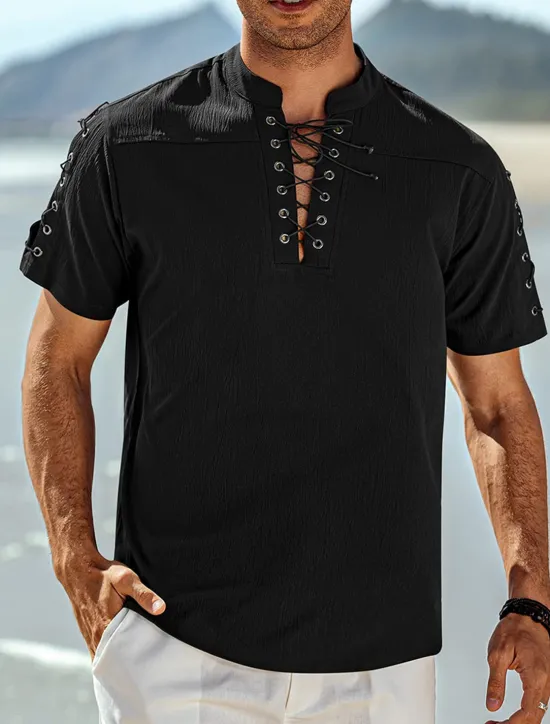 Outlet OUKU Men's Shirt Linen Shirt Casual Shirt Beach Shirt Plain Vacation Hawaiian Black White Blue Brown Short Sleeve Stand Collar Spring & Summer Clothing Apparel Basic