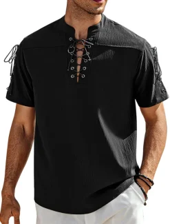 Outlet OUKU Men's Shirt Linen Shirt Casual Shirt Beach Shirt Plain Vacation Hawaiian Black White Blue Brown Short Sleeve Stand Collar Spring & Summer Clothing Apparel Basic