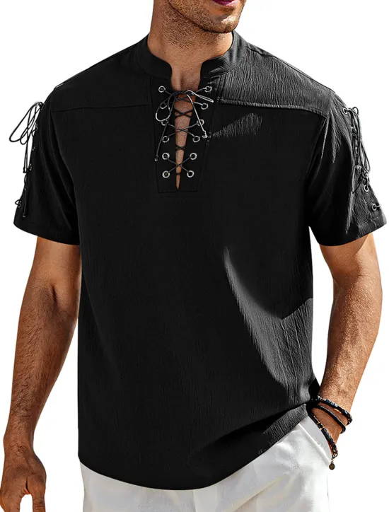 Outlet OUKU Men's Shirt Linen Shirt Casual Shirt Beach Shirt Plain Vacation Hawaiian Black White Blue Brown Short Sleeve Stand Collar Spring & Summer Clothing Apparel Basic
