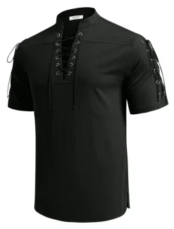 Outlet OUKU Men's Shirt Linen Shirt Casual Shirt Beach Shirt Plain Vacation Hawaiian Black White Blue Brown Short Sleeve Stand Collar Spring & Summer Clothing Apparel Basic