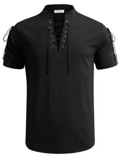 Outlet OUKU Men's Shirt Linen Shirt Casual Shirt Beach Shirt Plain Vacation Hawaiian Black White Blue Brown Short Sleeve Stand Collar Spring & Summer Clothing Apparel Basic