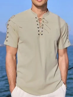 Outlet OUKU Men's Shirt Linen Shirt Casual Shirt Beach Shirt Plain Vacation Hawaiian Black White Blue Brown Short Sleeve Stand Collar Spring & Summer Clothing Apparel Basic
