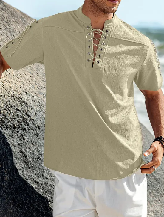 Outlet OUKU Men's Shirt Linen Shirt Casual Shirt Beach Shirt Plain Vacation Hawaiian Black White Blue Brown Short Sleeve Stand Collar Spring & Summer Clothing Apparel Basic