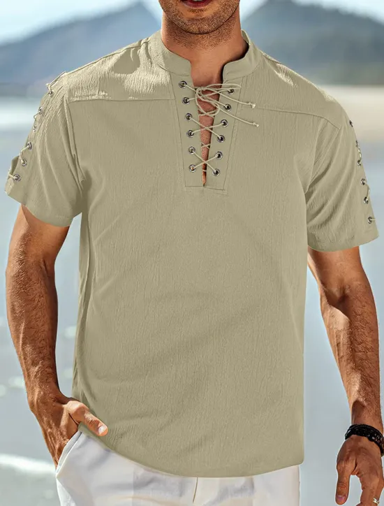 Outlet OUKU Men's Shirt Linen Shirt Casual Shirt Beach Shirt Plain Vacation Hawaiian Black White Blue Brown Short Sleeve Stand Collar Spring & Summer Clothing Apparel Basic