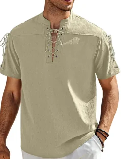 Outlet OUKU Men's Shirt Linen Shirt Casual Shirt Beach Shirt Plain Vacation Hawaiian Black White Blue Brown Short Sleeve Stand Collar Spring & Summer Clothing Apparel Basic