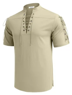 Outlet OUKU Men's Shirt Linen Shirt Casual Shirt Beach Shirt Plain Vacation Hawaiian Black White Blue Brown Short Sleeve Stand Collar Spring & Summer Clothing Apparel Basic