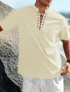 Outlet OUKU Men's Shirt Linen Shirt Casual Shirt Beach Shirt Plain Vacation Hawaiian Black White Blue Brown Short Sleeve Stand Collar Spring & Summer Clothing Apparel Basic