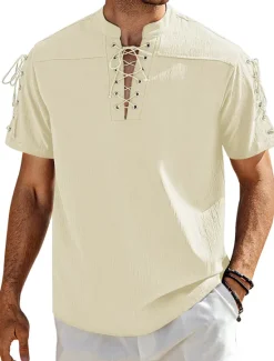 Outlet OUKU Men's Shirt Linen Shirt Casual Shirt Beach Shirt Plain Vacation Hawaiian Black White Blue Brown Short Sleeve Stand Collar Spring & Summer Clothing Apparel Basic