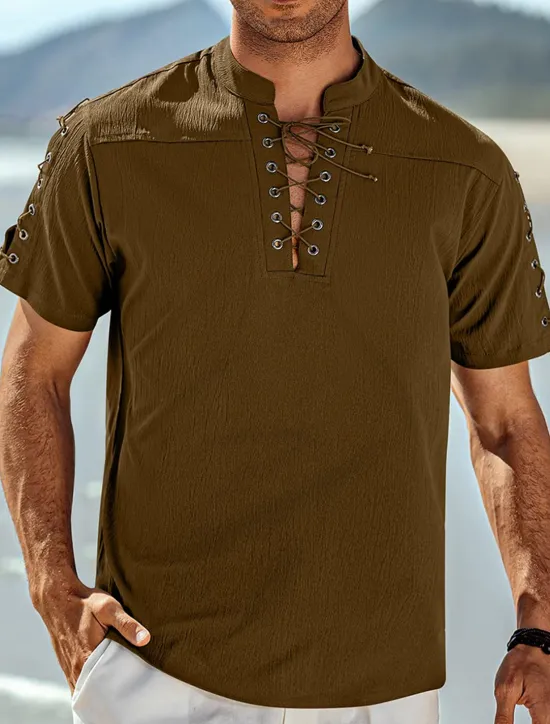 Outlet OUKU Men's Shirt Linen Shirt Casual Shirt Beach Shirt Plain Vacation Hawaiian Black White Blue Brown Short Sleeve Stand Collar Spring & Summer Clothing Apparel Basic