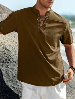 Outlet OUKU Men's Shirt Linen Shirt Casual Shirt Beach Shirt Plain Vacation Hawaiian Black White Blue Brown Short Sleeve Stand Collar Spring & Summer Clothing Apparel Basic