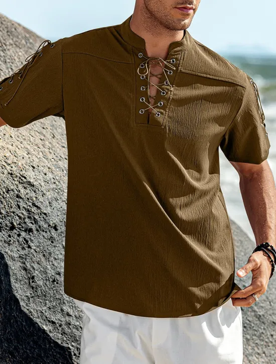Outlet OUKU Men's Shirt Linen Shirt Casual Shirt Beach Shirt Plain Vacation Hawaiian Black White Blue Brown Short Sleeve Stand Collar Spring & Summer Clothing Apparel Basic