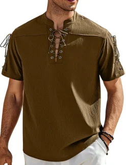 Outlet OUKU Men's Shirt Linen Shirt Casual Shirt Beach Shirt Plain Vacation Hawaiian Black White Blue Brown Short Sleeve Stand Collar Spring & Summer Clothing Apparel Basic