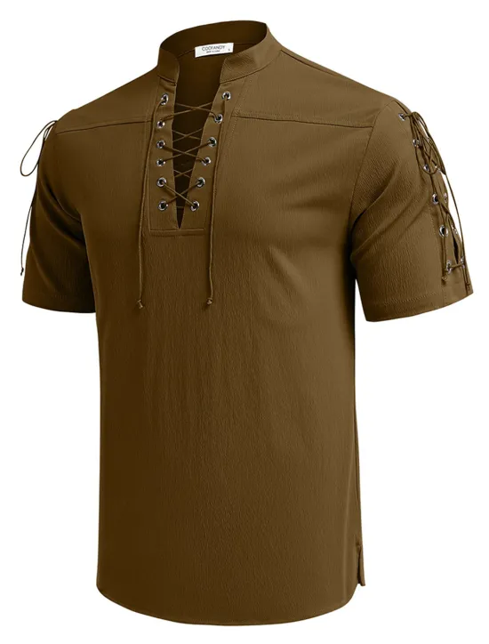 Outlet OUKU Men's Shirt Linen Shirt Casual Shirt Beach Shirt Plain Vacation Hawaiian Black White Blue Brown Short Sleeve Stand Collar Spring & Summer Clothing Apparel Basic