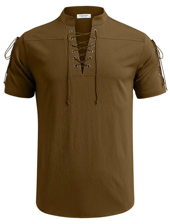 Outlet OUKU Men's Shirt Linen Shirt Casual Shirt Beach Shirt Plain Vacation Hawaiian Black White Blue Brown Short Sleeve Stand Collar Spring & Summer Clothing Apparel Basic