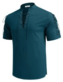 Outlet OUKU Men's Shirt Linen Shirt Casual Shirt Beach Shirt Plain Vacation Hawaiian Black White Blue Brown Short Sleeve Stand Collar Spring & Summer Clothing Apparel Basic