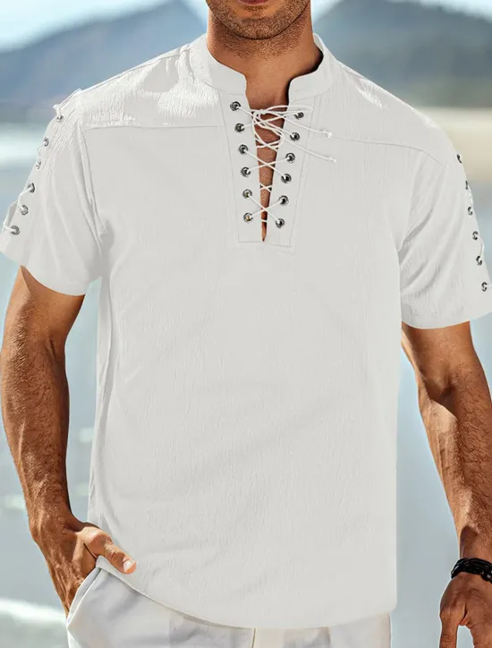 Outlet OUKU Men's Shirt Linen Shirt Casual Shirt Beach Shirt Plain Vacation Hawaiian Black White Blue Brown Short Sleeve Stand Collar Spring & Summer Clothing Apparel Basic