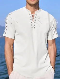 Outlet OUKU Men's Shirt Linen Shirt Casual Shirt Beach Shirt Plain Vacation Hawaiian Black White Blue Brown Short Sleeve Stand Collar Spring & Summer Clothing Apparel Basic