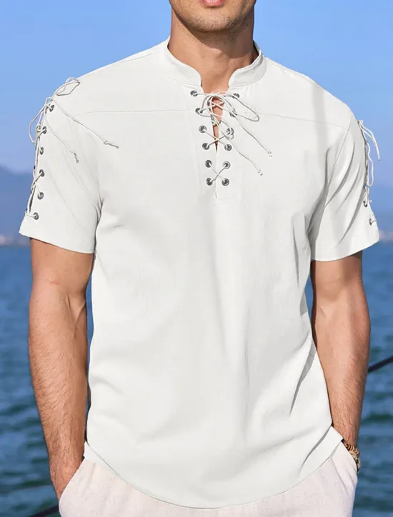 Outlet OUKU Men's Shirt Linen Shirt Casual Shirt Beach Shirt Plain Vacation Hawaiian Black White Blue Brown Short Sleeve Stand Collar Spring & Summer Clothing Apparel Basic