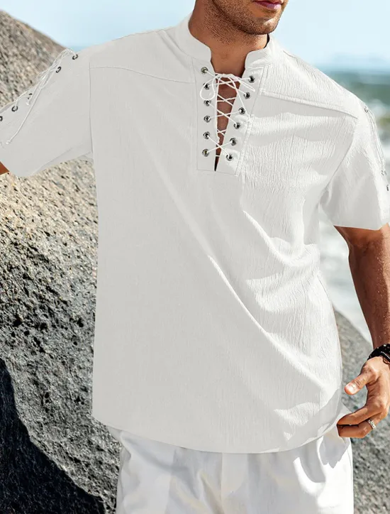 Outlet OUKU Men's Shirt Linen Shirt Casual Shirt Beach Shirt Plain Vacation Hawaiian Black White Blue Brown Short Sleeve Stand Collar Spring & Summer Clothing Apparel Basic