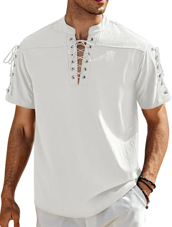 Outlet OUKU Men's Shirt Linen Shirt Casual Shirt Beach Shirt Plain Vacation Hawaiian Black White Blue Brown Short Sleeve Stand Collar Spring & Summer Clothing Apparel Basic
