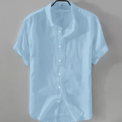 New OUKU Men's Shirt Linen Shirt Casual Shirt Cotton Shirt Plain Vacation Street Black White Pink Blue Short Sleeve Turndown Summer Clothing Apparel Button-Down
