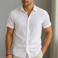 New OUKU Men's Shirt Linen Shirt Casual Shirt Cotton Shirt Plain Vacation Street Black White Pink Blue Short Sleeve Turndown Summer Clothing Apparel Button-Down