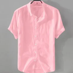 New OUKU Men's Shirt Linen Shirt Casual Shirt Cotton Shirt Plain Vacation Street Black White Pink Blue Short Sleeve Turndown Summer Clothing Apparel Button-Down