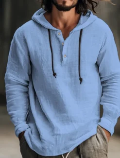 Hot OUKU Men's Shirt Linen Shirt Calico Shirt Hooded Shirt Stripes Casual Daily White Blue Brown Green Long Sleeve Hooded Spring & Summer Clothing Apparel