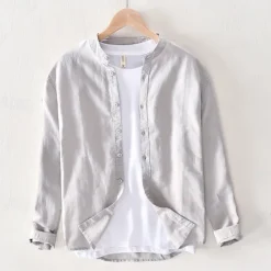 New OUKU Men's Shirt Linen Shirt Casual Shirt Button Up Shirt Cotton Shirt Plain Vacation Hawaiian White Navy Blue Khaki Gray Long Sleeve Band Collar Spring Fall Clothing Apparel Button-Down