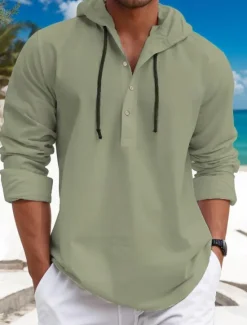 Online OUKU Men's Shirt Linen Shirt Calico Shirt Summer Shirt Beach Wear Plain Vacation Curise White Blue Brown Green Long Sleeve Hooded Spring & Summer Clothing Apparel