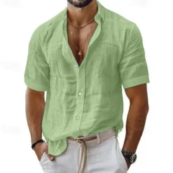 Sale OUKU Men's Shirt Linen Shirt Casual Shirt Button Up Shirt Cotton Shirt Plain Vacation Street Black White Pink Blue Short Sleeve Turndown Summer Clothing Apparel