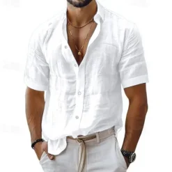 Sale OUKU Men's Shirt Linen Shirt Casual Shirt Button Up Shirt Cotton Shirt Plain Vacation Street Black White Pink Blue Short Sleeve Turndown Summer Clothing Apparel