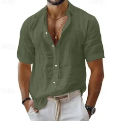 Sale OUKU Men's Shirt Linen Shirt Casual Shirt Button Up Shirt Cotton Shirt Plain Vacation Street Black White Pink Blue Short Sleeve Turndown Summer Clothing Apparel