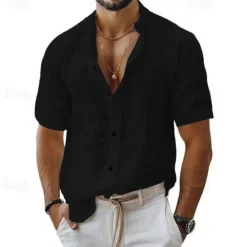 Sale OUKU Men's Shirt Linen Shirt Casual Shirt Button Up Shirt Cotton Shirt Plain Vacation Street Black White Pink Blue Short Sleeve Turndown Summer Clothing Apparel