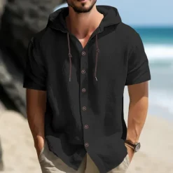 OUKU Men's Shirt Linen Shirt Casual Shirt Button Up Shirt Plain Vacation Street Black White Blue Khaki Short Sleeve Hooded Summer Clothing Apparel Adjustable Drawstring Hood