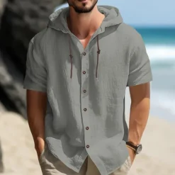 OUKU Men's Shirt Linen Shirt Casual Shirt Button Up Shirt Plain Vacation Street Black White Blue Khaki Short Sleeve Hooded Summer Clothing Apparel Adjustable Drawstring Hood