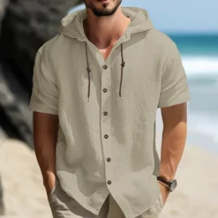 OUKU Men's Shirt Linen Shirt Casual Shirt Button Up Shirt Plain Vacation Street Black White Blue Khaki Short Sleeve Hooded Summer Clothing Apparel Adjustable Drawstring Hood