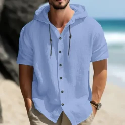 OUKU Men's Shirt Linen Shirt Casual Shirt Button Up Shirt Plain Vacation Street Black White Blue Khaki Short Sleeve Hooded Summer Clothing Apparel Adjustable Drawstring Hood