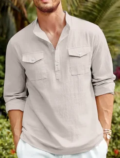 OUKU Men's Shirt Linen Shirt Casual Shirt Beach Shirt Black White Blue Long Sleeve Plain Stand Collar Spring & Summer Hawaiian Holiday Clothing Apparel Basic