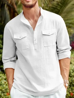 OUKU Men's Shirt Linen Shirt Casual Shirt Beach Shirt Black White Blue Long Sleeve Plain Stand Collar Spring & Summer Hawaiian Holiday Clothing Apparel Basic