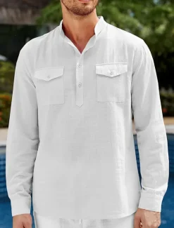 OUKU Men's Shirt Linen Shirt Casual Shirt Beach Shirt Black White Blue Long Sleeve Plain Stand Collar Spring & Summer Hawaiian Holiday Clothing Apparel Basic