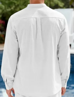 OUKU Men's Shirt Linen Shirt Casual Shirt Beach Shirt Black White Blue Long Sleeve Plain Stand Collar Spring & Summer Hawaiian Holiday Clothing Apparel Basic