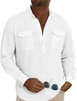 OUKU Men's Shirt Linen Shirt Casual Shirt Beach Shirt Black White Blue Long Sleeve Plain Stand Collar Spring & Summer Hawaiian Holiday Clothing Apparel Basic