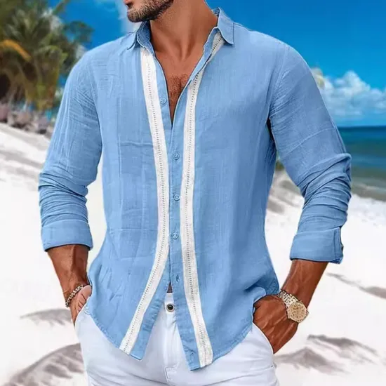 Best OUKU Men's Shirt Linen Shirt Casual Shirt Button Up Shirt Cotton Shirt Color Block Vacation Hawaiian White Sky Blue Gray Long Sleeve Lapel Spring Fall Clothing Apparel Patchwork