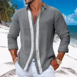 Best OUKU Men's Shirt Linen Shirt Casual Shirt Button Up Shirt Cotton Shirt Color Block Vacation Hawaiian White Sky Blue Gray Long Sleeve Lapel Spring Fall Clothing Apparel Patchwork