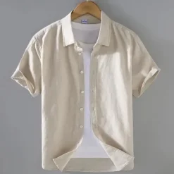 Best OUKU Men's Shirt Linen Shirt Casual Shirt Button Up Shirt Cotton Shirt Plain Vacation Street White Light Green Navy Blue Green Short Sleeve Turndown Summer Clothing Apparel Button-Down