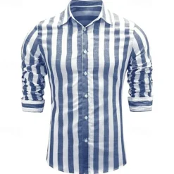 Hot OUKU Men's Shirt Linen Shirt Casual Shirt Cotton Shirt Striped Shirts Stripes Vacation Hawaiian Yellow Red Navy Blue Blue Long Sleeve Lapel Spring & Fall Clothing Apparel Button-Down